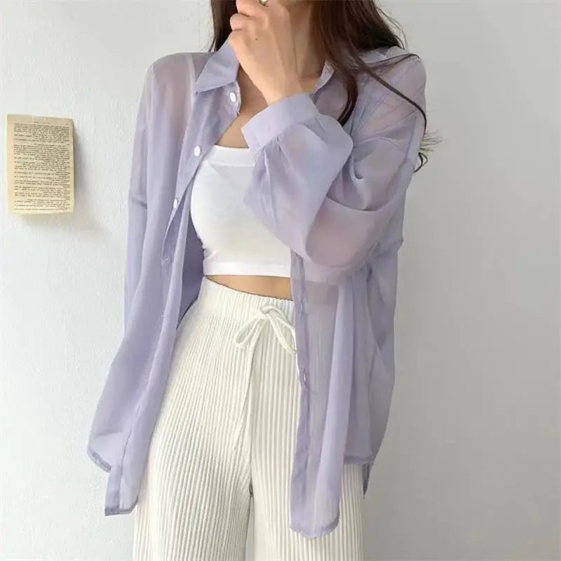 Blusa holgada de verano para mujer, estilo coreano básico, transparente, fina y elegante, lisa, a prueba de sol, a la moda, combina con todo.