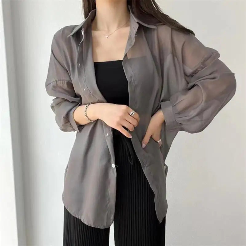 Blusa holgada de verano para mujer, estilo coreano básico, transparente, fina y elegante, lisa, a prueba de sol, a la moda, combina con todo.