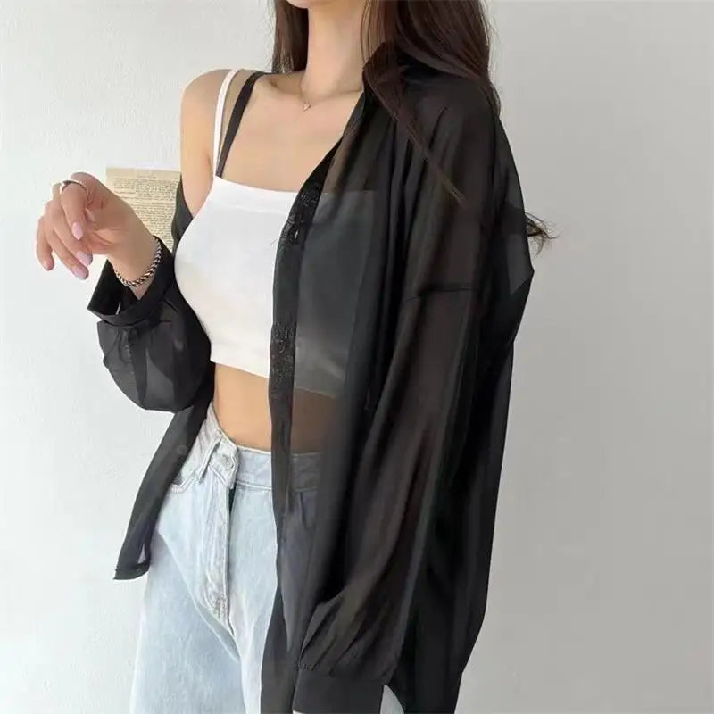 Blusa holgada de verano para mujer, estilo coreano básico, transparente, fina y elegante, lisa, a prueba de sol, a la moda, combina con todo.