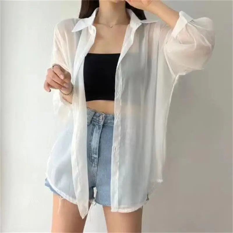 Blusa holgada de verano para mujer, estilo coreano básico, transparente, fina y elegante, lisa, a prueba de sol, a la moda, combina con todo.