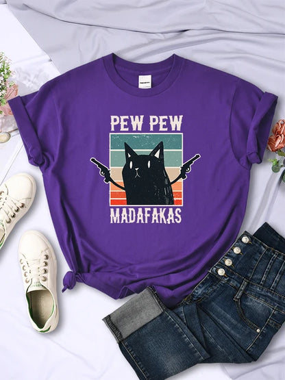 Pew Pew Madafaks - Camisetas con estampado divertido y lindo para mujer, estilo hip hop, vintage, ropa creativa, informal, cuello redondo, manga corta