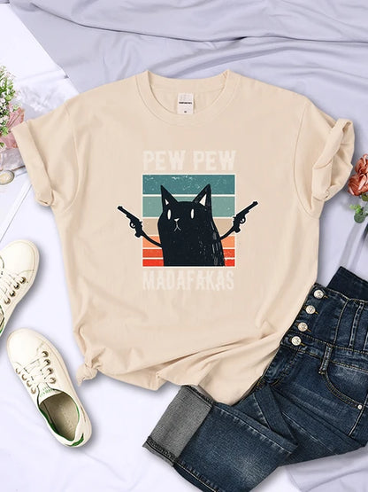 Pew Pew Madafaks - Camisetas con estampado divertido y lindo para mujer, estilo hip hop, vintage, ropa creativa, informal, cuello redondo, manga corta