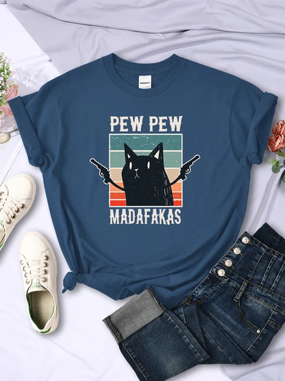 Pew Pew Madafaks - Camisetas con estampado divertido y lindo para mujer, estilo hip hop, vintage, ropa creativa, informal, cuello redondo, manga corta