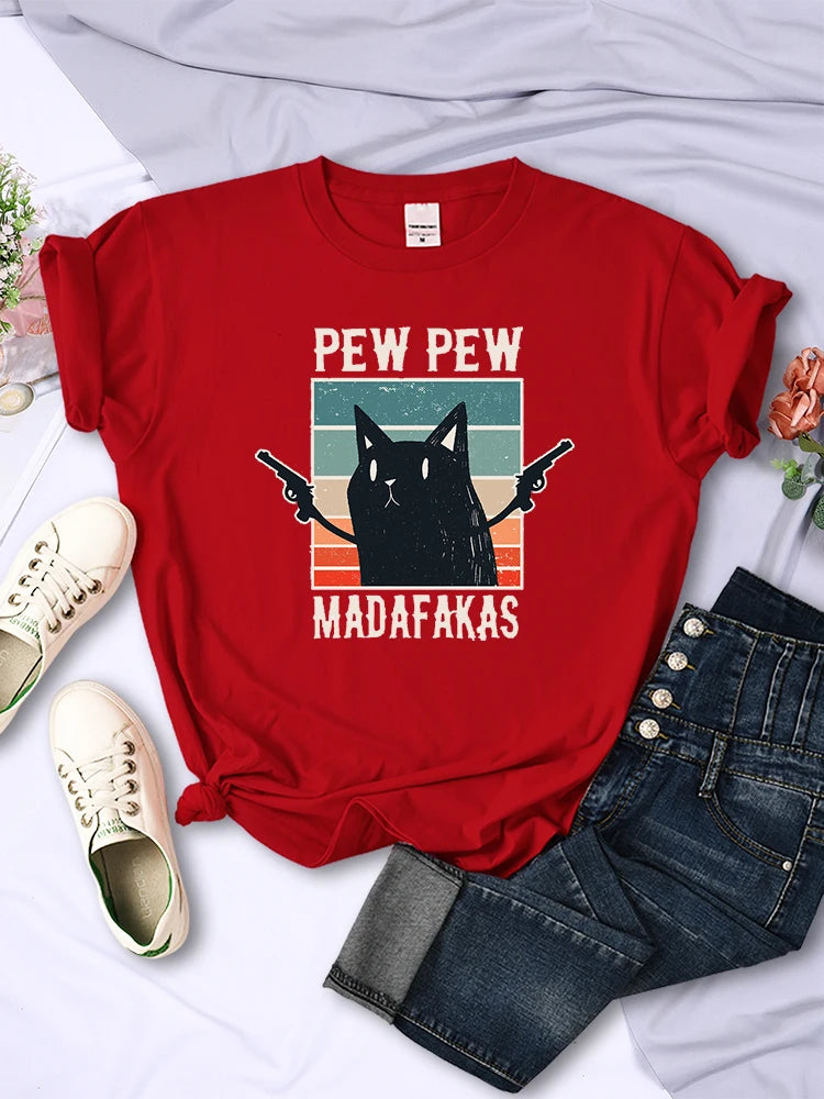 Pew Pew Madafaks - Camisetas con estampado divertido y lindo para mujer, estilo hip hop, vintage, ropa creativa, informal, cuello redondo, manga corta