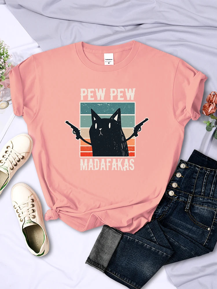 Pew Pew Madafaks - Camisetas con estampado divertido y lindo para mujer, estilo hip hop, vintage, ropa creativa, informal, cuello redondo, manga corta