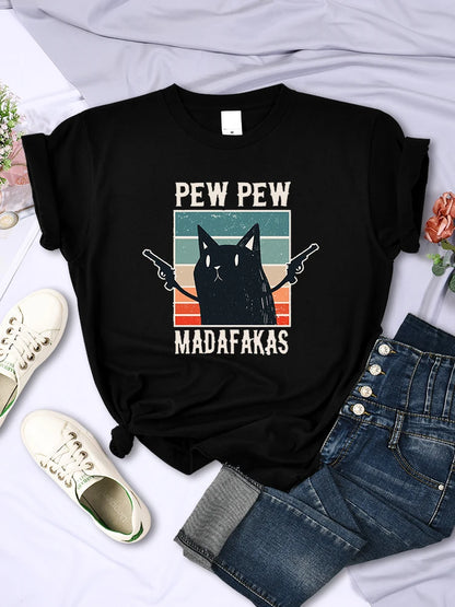 Pew Pew Madafaks - Camisetas con estampado divertido y lindo para mujer, estilo hip hop, vintage, ropa creativa, informal, cuello redondo, manga corta