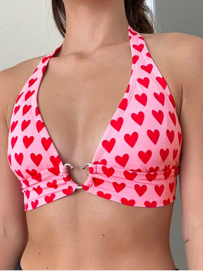 Top corto con corpiño y estampado de corazón rosa para mujer, ropa estética kawaii, sin mangas, espalda descubierta, con cordones, camisola tipo bralette