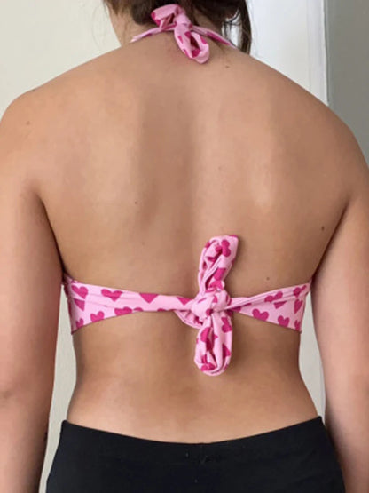 Top corto con corpiño y estampado de corazón rosa para mujer, ropa estética kawaii, sin mangas, espalda descubierta, con cordones, camisola tipo bralette