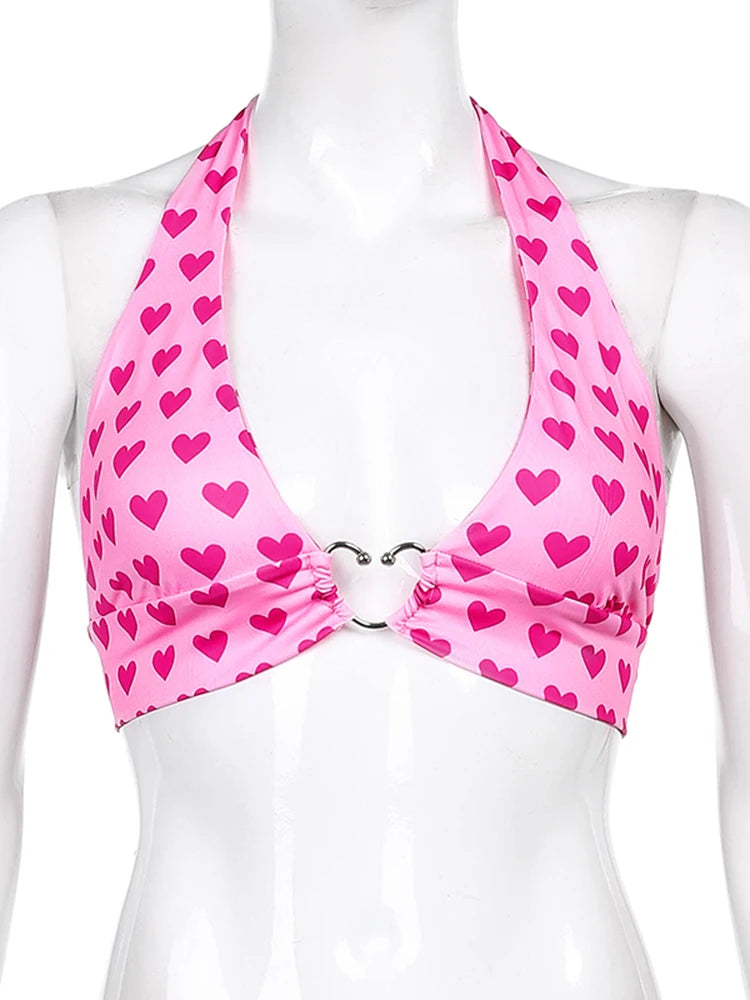 Top corto con corpiño y estampado de corazón rosa para mujer, ropa estética kawaii, sin mangas, espalda descubierta, con cordones, camisola tipo bralette