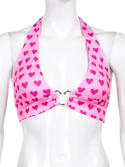 Top corto con corpiño y estampado de corazón rosa para mujer, ropa estética kawaii, sin mangas, espalda descubierta, con cordones, camisola tipo bralette