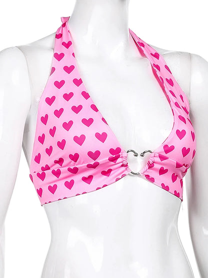 Top corto con corpiño y estampado de corazón rosa para mujer, ropa estética kawaii, sin mangas, espalda descubierta, con cordones, camisola tipo bralette