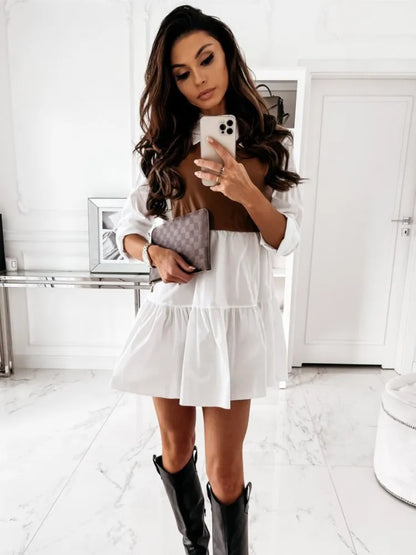 Vestido corto informal de manga larga a cuadros para mujer, vestido blanco corto de verano de piel sintética con retazos, minivestidos dulces de oficina para mujer
