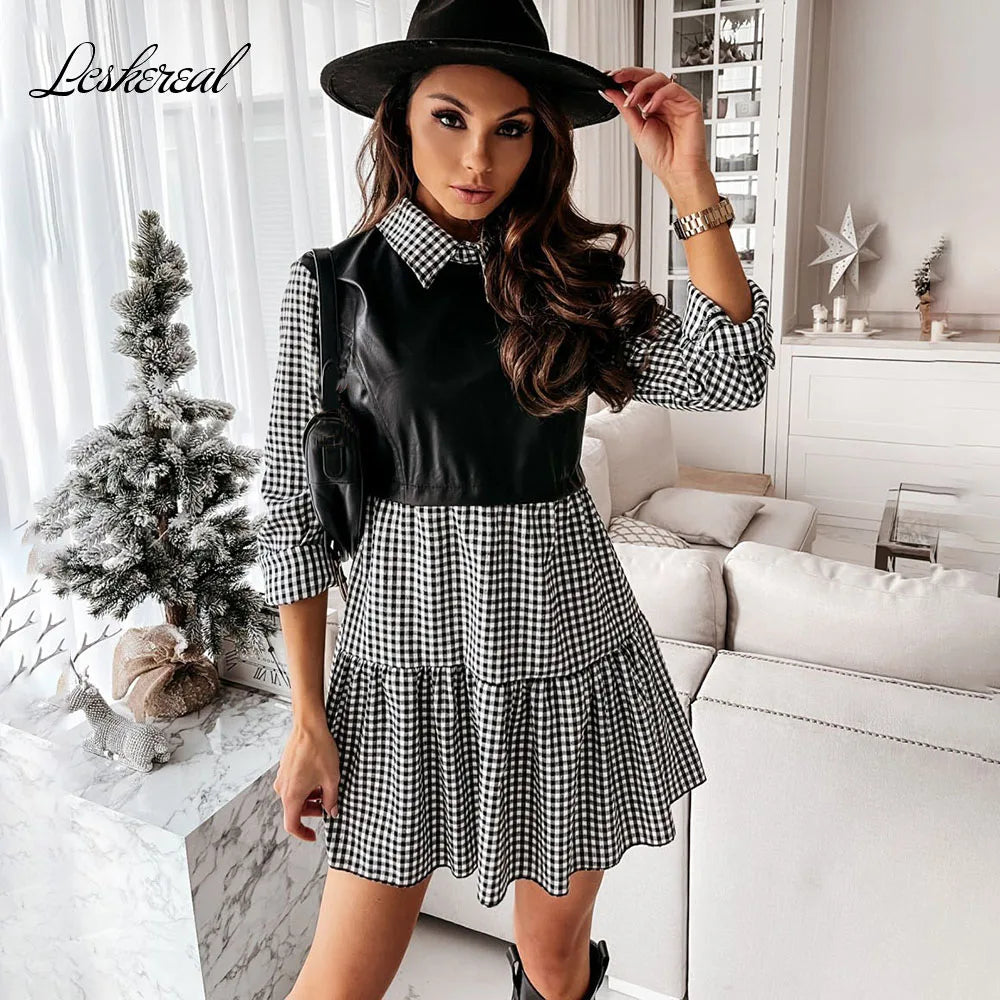Vestido corto informal de manga larga a cuadros para mujer, vestido blanco corto de verano de piel sintética con retazos, minivestidos dulces de oficina para mujer