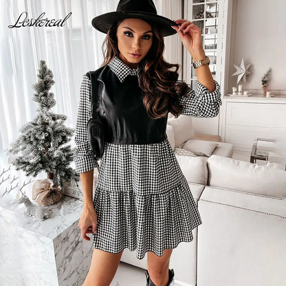 Vestido corto informal de manga larga a cuadros para mujer, vestido blanco corto de verano de piel sintética con retazos, minivestidos dulces de oficina para mujer