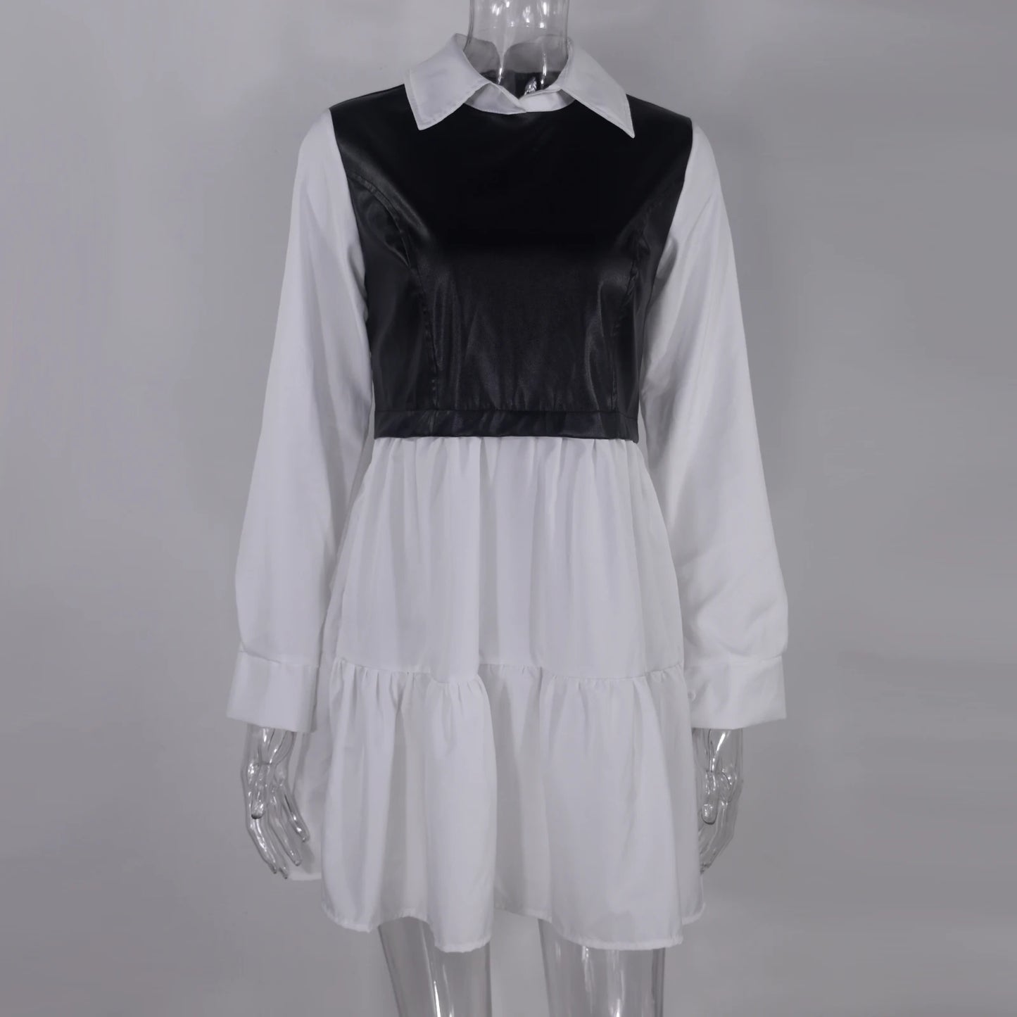 Vestido corto informal de manga larga a cuadros para mujer, vestido blanco corto de verano de piel sintética con retazos, minivestidos dulces de oficina para mujer