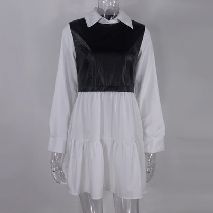 Vestido corto informal de manga larga a cuadros para mujer, vestido blanco corto de verano de piel sintética con retazos, minivestidos dulces de oficina para mujer