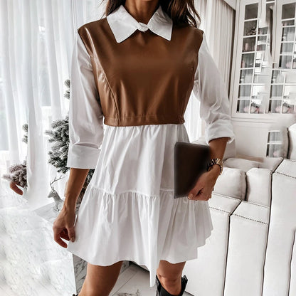 Vestido corto informal de manga larga a cuadros para mujer, vestido blanco corto de verano de piel sintética con retazos, minivestidos dulces de oficina para mujer
