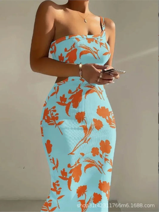 Vestidos estampados de un solo hombro con tirantes finos para mujer, vestidos sexis con abertura en la espalda, paquete de cadera, vestido ajustado, moda para dama, vestidos modernos para mujer