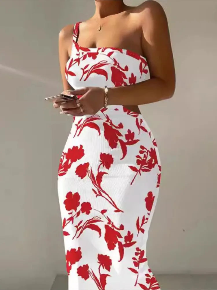 Vestidos estampados de un solo hombro con tirantes finos para mujer, vestidos sexis con abertura en la espalda, paquete de cadera, vestido ajustado, moda para dama, vestidos modernos para mujer
