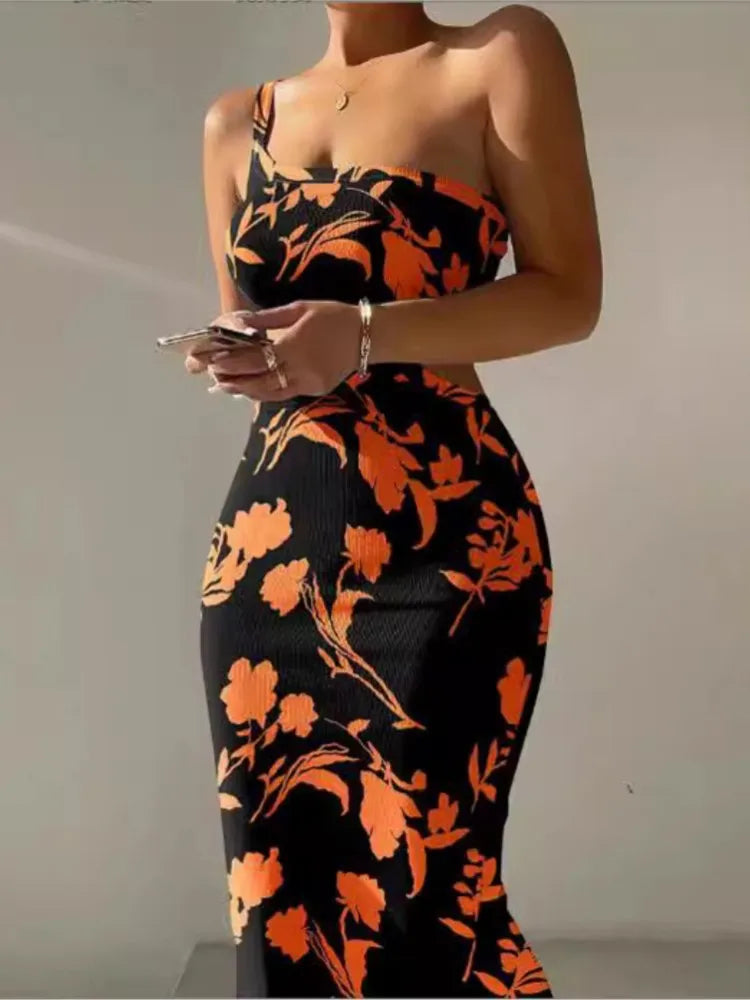 Vestidos estampados de un solo hombro con tirantes finos para mujer, vestidos sexis con abertura en la espalda, paquete de cadera, vestido ajustado, moda para dama, vestidos modernos para mujer