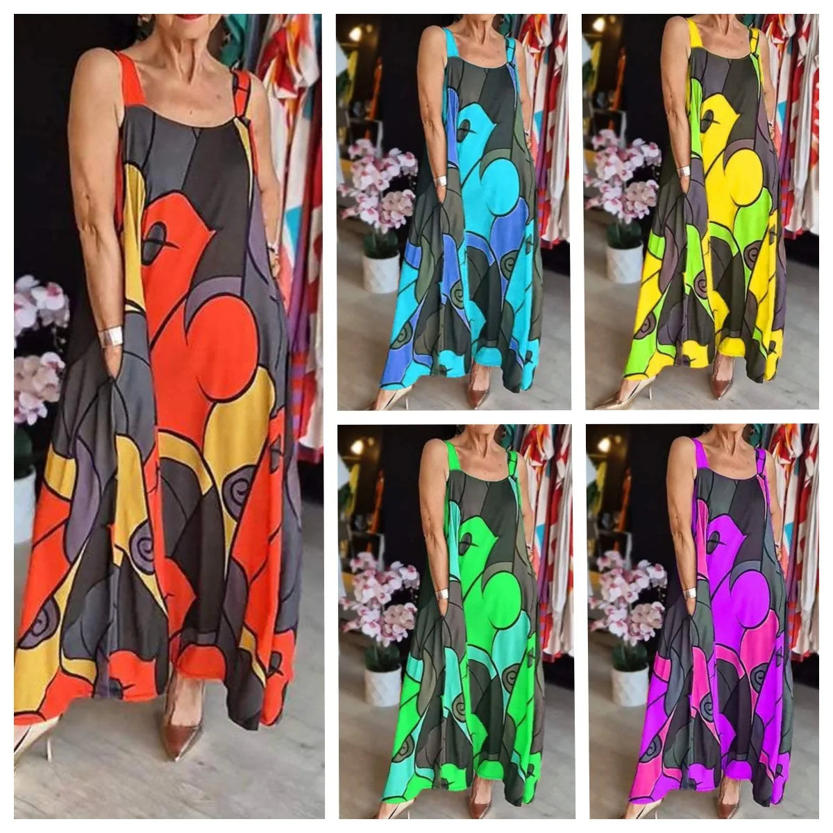 Vestidos estampados con tirantes finos para mujer, moda informal, con bolsillos, sueltos, largos, para ir al trabajo, maxivestidos, novedad de verano 2025