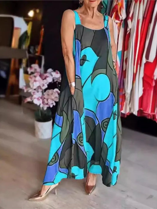 Vestidos estampados con tirantes finos para mujer, moda informal, con bolsillos, sueltos, largos, para ir al trabajo, maxivestidos, novedad de verano 2025
