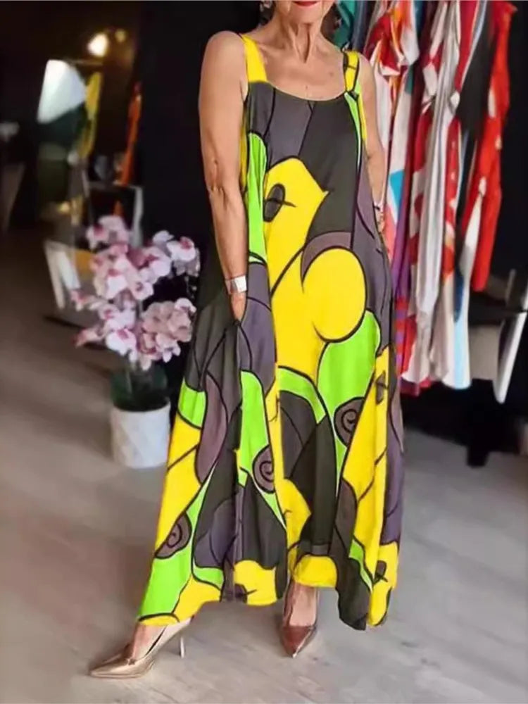 Vestidos estampados con tirantes finos para mujer, moda informal, con bolsillos, sueltos, largos, para ir al trabajo, maxivestidos, novedad de verano 2025