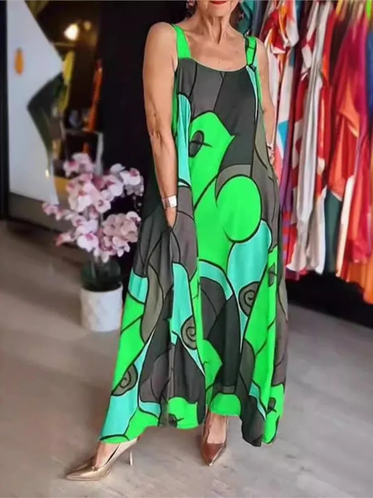 Vestidos estampados con tirantes finos para mujer, moda informal, con bolsillos, sueltos, largos, para ir al trabajo, maxivestidos, novedad de verano 2025