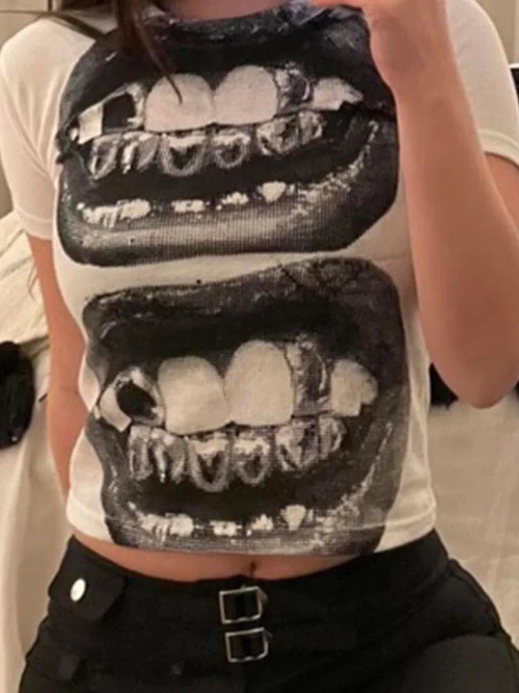 Punk Y2K Baby Short Sleeve Top Gothic Street T-shirt Women’s Leisure Basic T-shirt Women’s 2025 Summer Top E Girls’ Gothic EMO