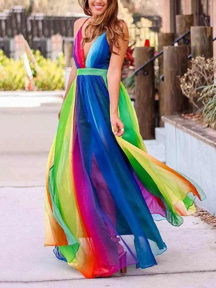 Vestidos de gasa arcoíris con tirantes finos para mujer, sexys, con escote en V profundo y espalda descubierta, largos, elegantes, a la moda, para fiestas de noche.