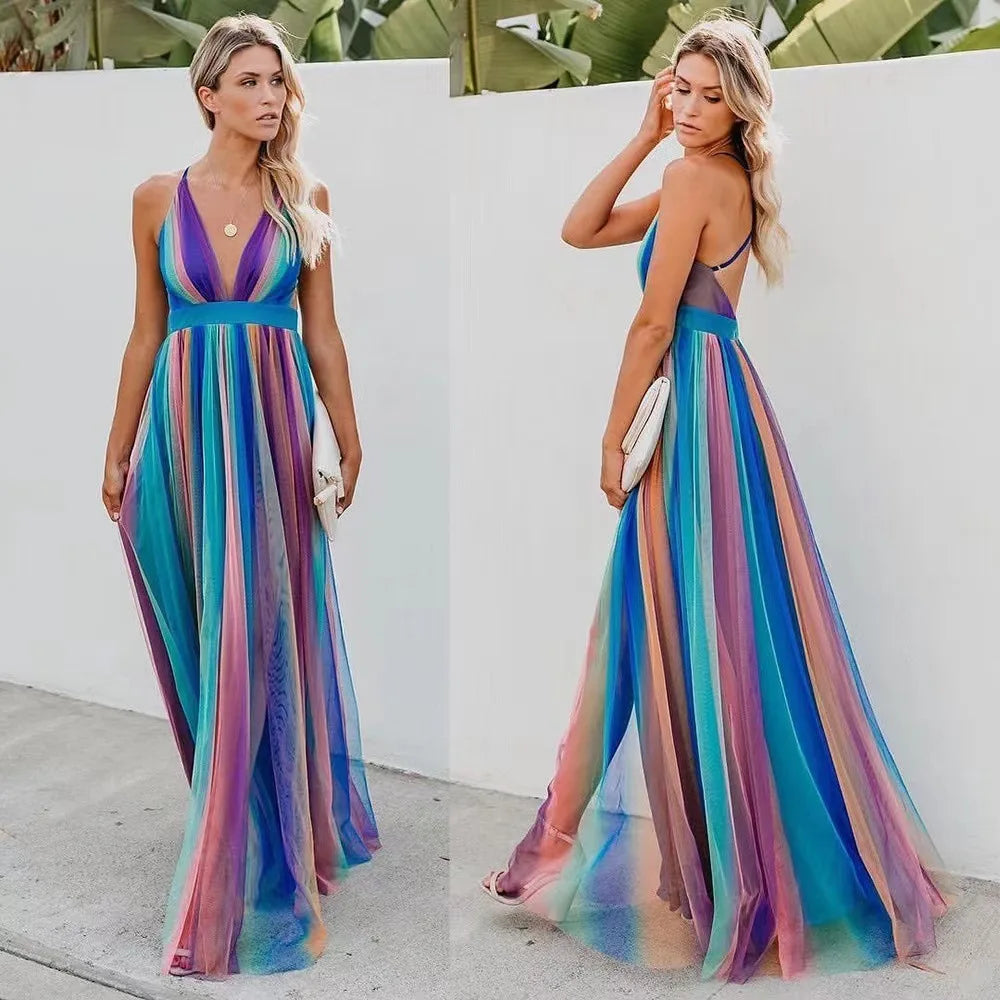 Vestidos de gasa arcoíris con tirantes finos para mujer, sexys, con escote en V profundo y espalda descubierta, largos, elegantes, a la moda, para fiestas de noche.