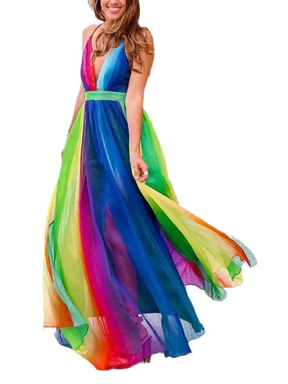 Vestidos de gasa arcoíris con tirantes finos para mujer, sexys, con escote en V profundo y espalda descubierta, largos, elegantes, a la moda, para fiestas de noche.