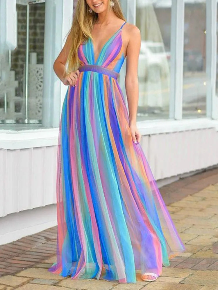 Vestidos de gasa arcoíris con tirantes finos para mujer, sexys, con escote en V profundo y espalda descubierta, largos, elegantes, a la moda, para fiestas de noche.