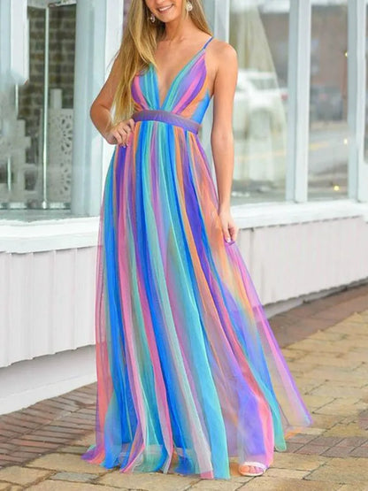 Vestidos de gasa arcoíris con tirantes finos para mujer, sexys, con escote en V profundo y espalda descubierta, largos, elegantes, a la moda, para fiestas de noche.