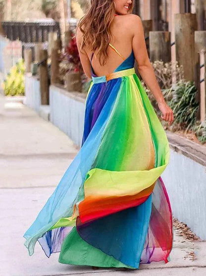 Vestidos de gasa arcoíris con tirantes finos para mujer, sexys, con escote en V profundo y espalda descubierta, largos, elegantes, a la moda, para fiestas de noche.