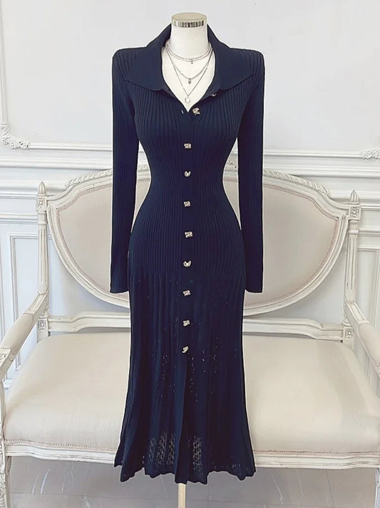 Vestido de punto elegante retro para mujer, de manga larga, ajustado, de un solo pecho, ajustado, con solapa y aberturas, largo