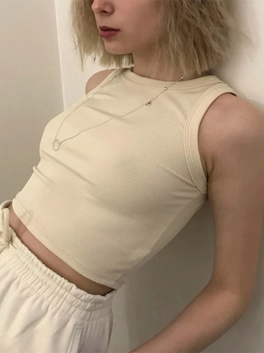 Camiseta de tirantes acanalada para mujer, color blanco, informal, de verano 2025, para fitness, corta, de punto, con hombros descubiertos, sexy, para mujer