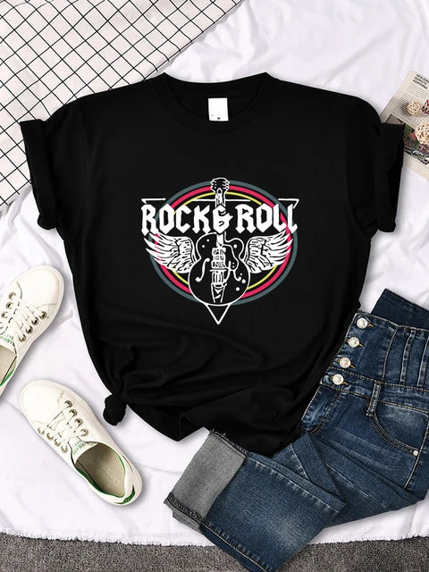 Camiseta con estampado de guitarra eléctrica de rock and roll para mujer, informal, cómoda, transpirable, de manga corta y cuello redondo, ropa urbana