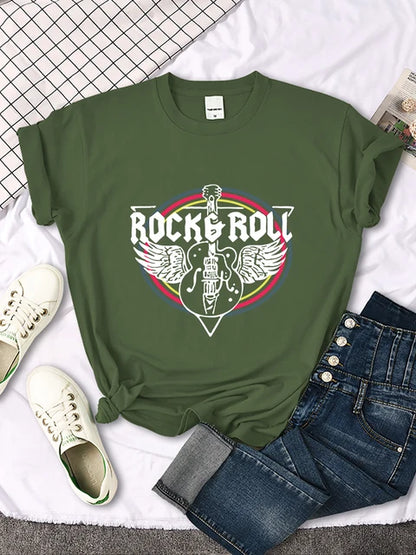 Camiseta con estampado de guitarra eléctrica de rock and roll para mujer, informal, cómoda, transpirable, de manga corta y cuello redondo, ropa urbana
