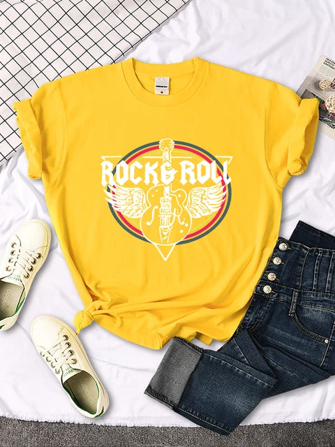 Camiseta con estampado de guitarra eléctrica de rock and roll para mujer, informal, cómoda, transpirable, de manga corta y cuello redondo, ropa urbana