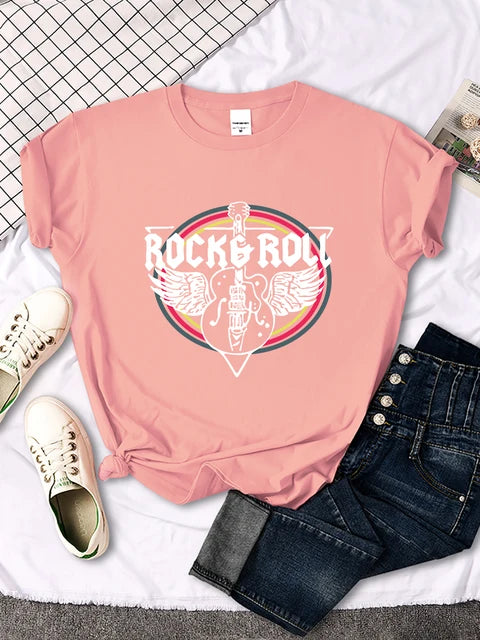 Camiseta con estampado de guitarra eléctrica de rock and roll para mujer, informal, cómoda, transpirable, de manga corta y cuello redondo, ropa urbana