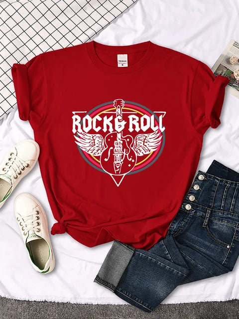 Camiseta con estampado de guitarra eléctrica de rock and roll para mujer, informal, cómoda, transpirable, de manga corta y cuello redondo, ropa urbana