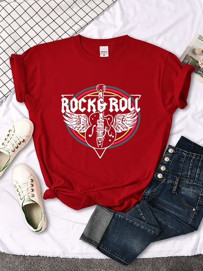 Camiseta con estampado de guitarra eléctrica de rock and roll para mujer, informal, cómoda, transpirable, de manga corta y cuello redondo, ropa urbana