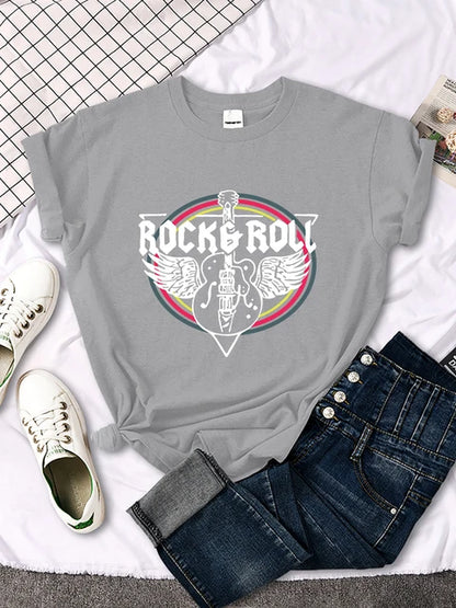 Camiseta con estampado de guitarra eléctrica de rock and roll para mujer, informal, cómoda, transpirable, de manga corta y cuello redondo, ropa urbana