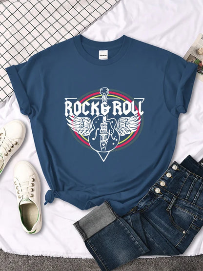 Camiseta con estampado de guitarra eléctrica de rock and roll para mujer, informal, cómoda, transpirable, de manga corta y cuello redondo, ropa urbana