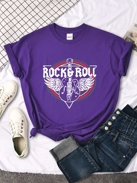 Camiseta con estampado de guitarra eléctrica de rock and roll para mujer, informal, cómoda, transpirable, de manga corta y cuello redondo, ropa urbana
