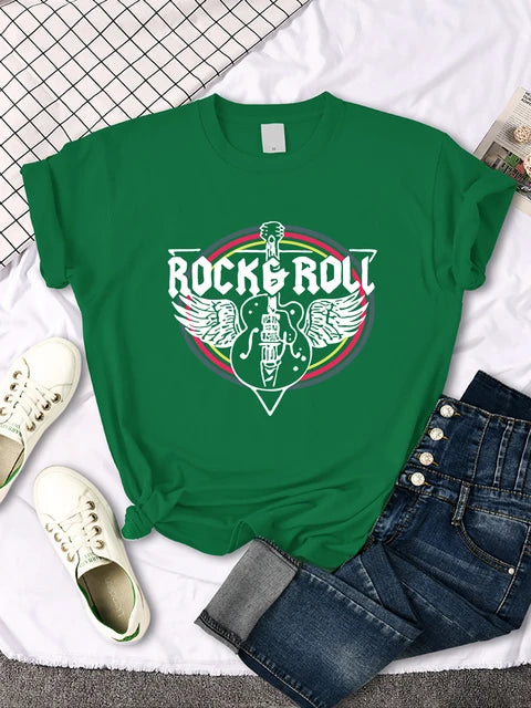 Camiseta con estampado de guitarra eléctrica de rock and roll para mujer, informal, cómoda, transpirable, de manga corta y cuello redondo, ropa urbana