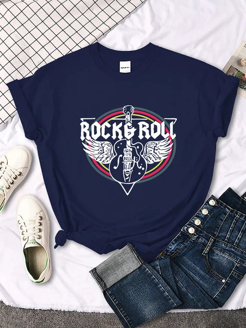 Camiseta con estampado de guitarra eléctrica de rock and roll para mujer, informal, cómoda, transpirable, de manga corta y cuello redondo, ropa urbana