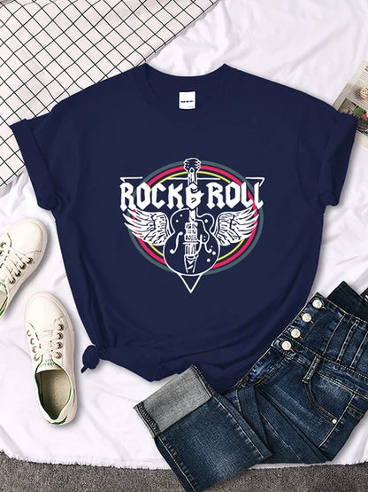 Camiseta con estampado de guitarra eléctrica de rock and roll para mujer, informal, cómoda, transpirable, de manga corta y cuello redondo, ropa urbana