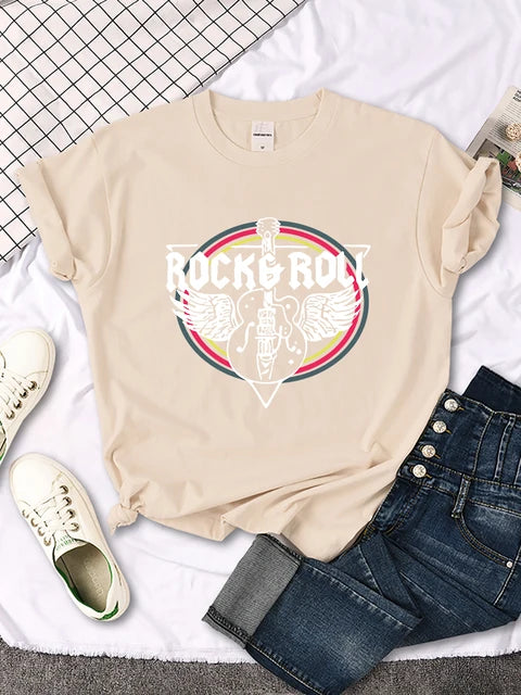 Camiseta con estampado de guitarra eléctrica de rock and roll para mujer, informal, cómoda, transpirable, de manga corta y cuello redondo, ropa urbana